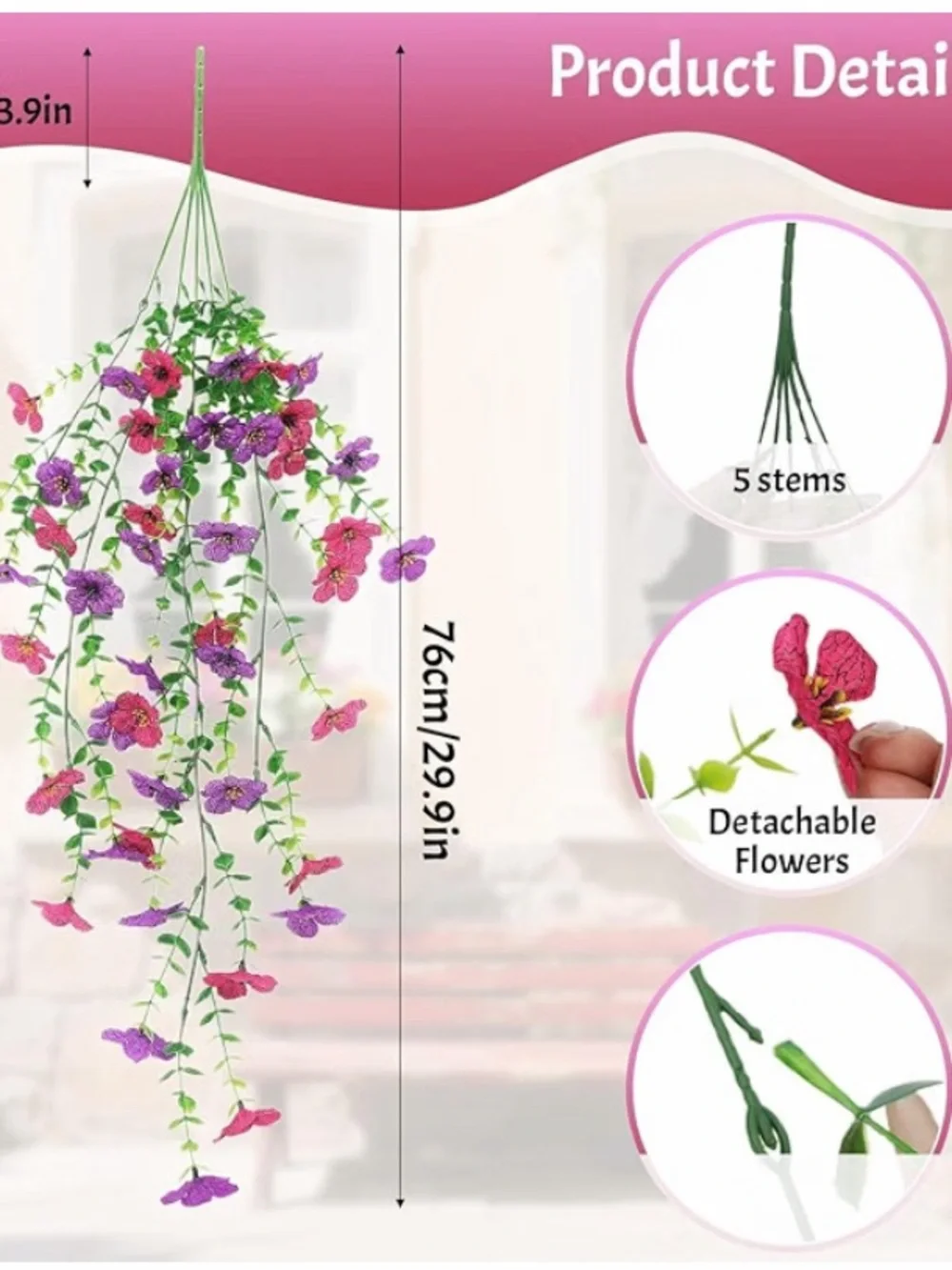2 Pack Artificial Hanging Flower Baskets UV Resistant Pink Outdoor Vines